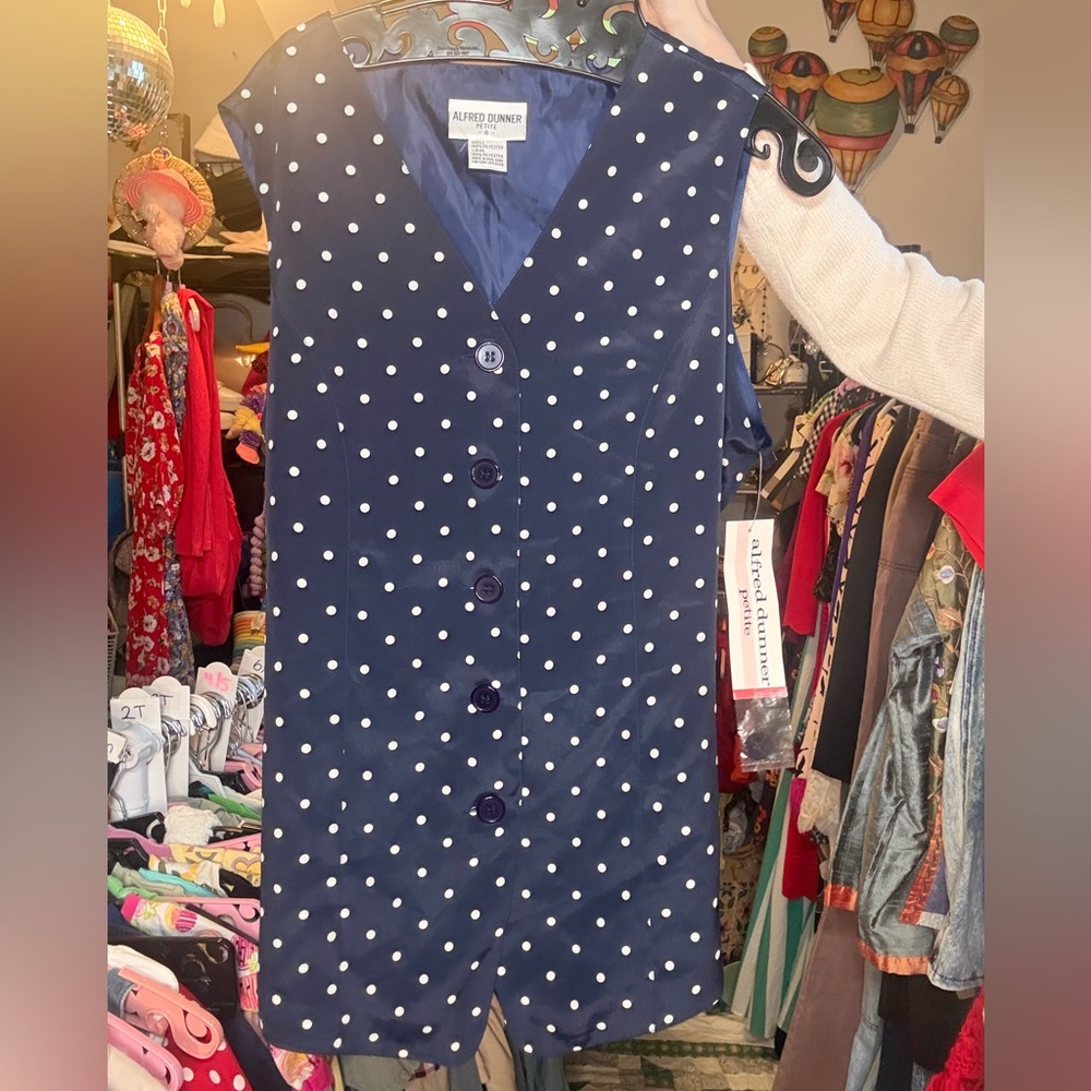 Alfred Dunner Navy and White Polka Dot Sleeveless Button Vest